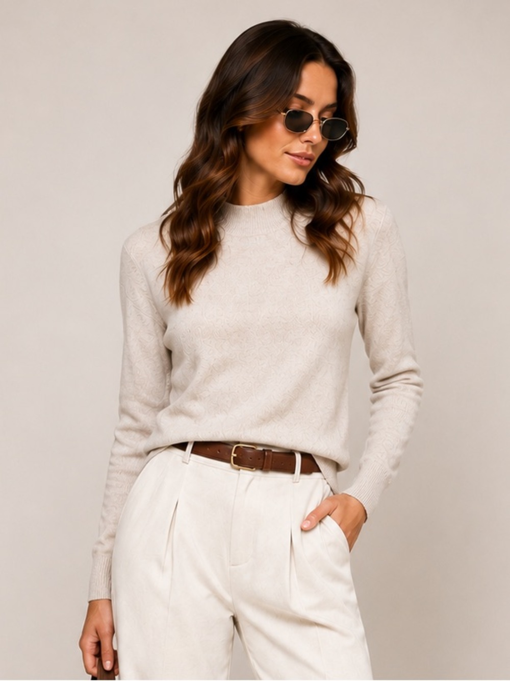 Northern Reflections Mock Neck Cotton Sweater Beige Oatmeal Size Small